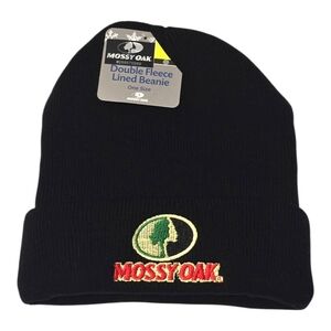 NWT Mossy Oak Double Fleece Lined Beanie Hat Black Thermal Knit Winter Outdoor